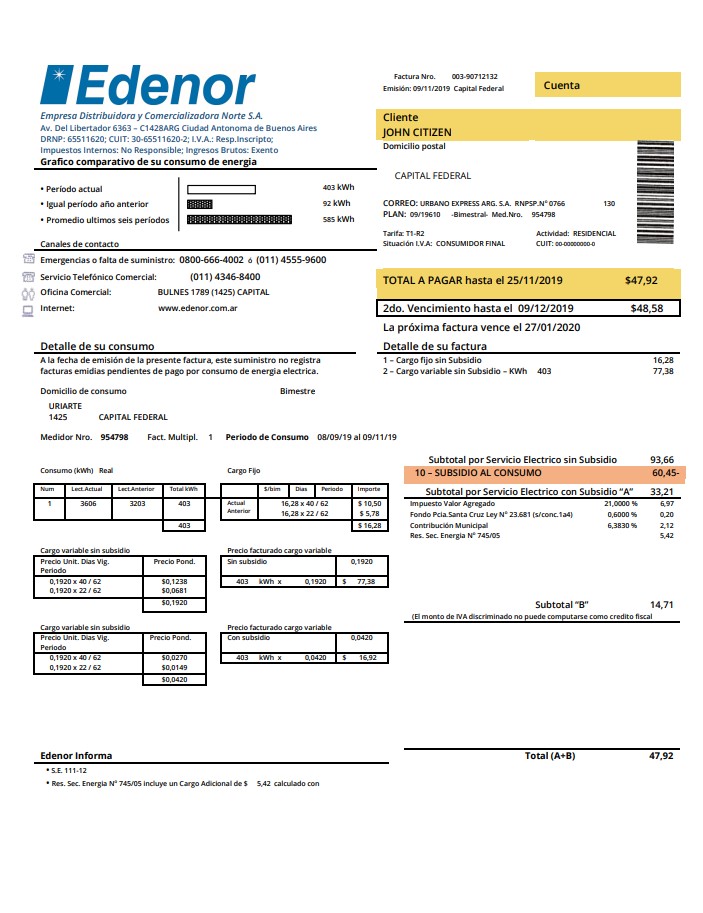 Argentina Edenor easy to fill utility bill template in Word (.doc) and PDF (.pdf) format
